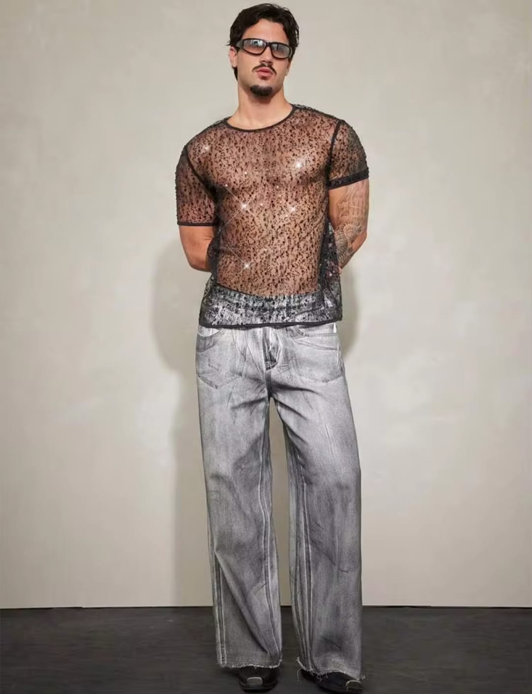Men's High-Stretch Sheer Mesh Sequin Embellished Short Sleeve Crewneck T-Shirt